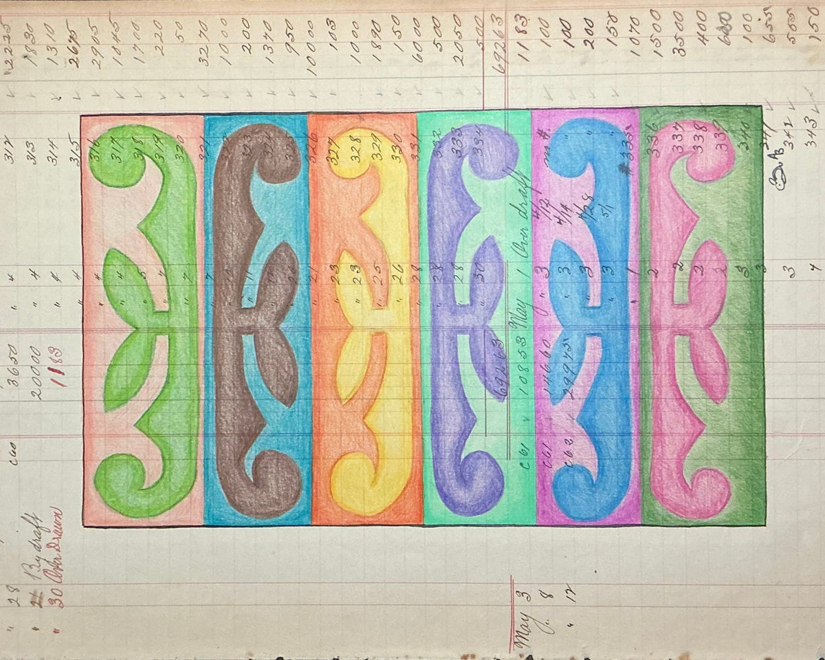 "Nokomtha Solo" meaning My Grandmother Solo in Shawnee Language, applique waterlily design on antique ledger paper. 
