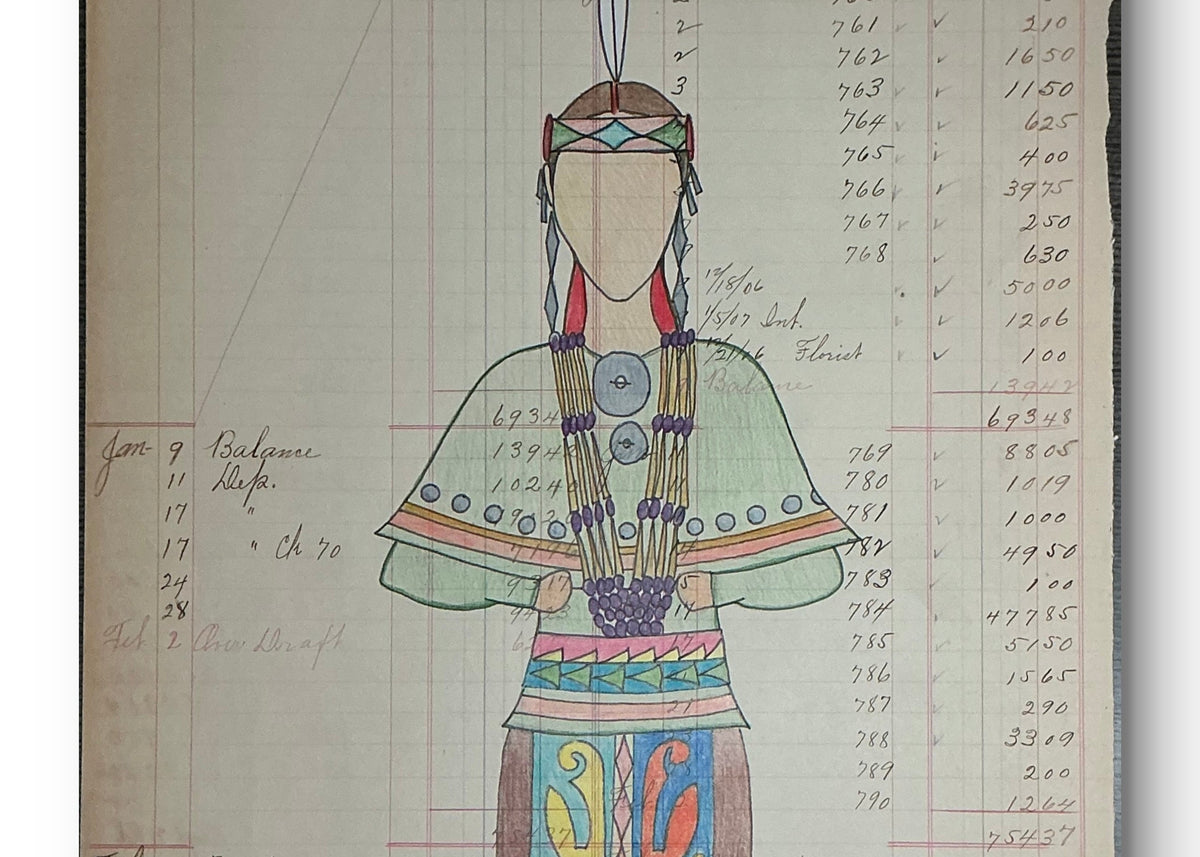 Ledger Piece called "Scihottee Equiwa" meaning Beautiful Woman in Shawnee Language. Applique Dancer depicted. 