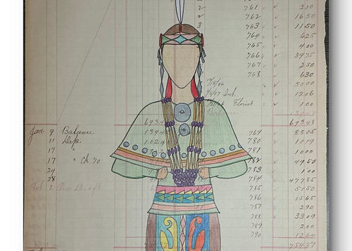 Ledger Piece called "Scihottee Equiwa" meaning Beautiful Woman in Shawnee Language. Applique Dancer depicted. 